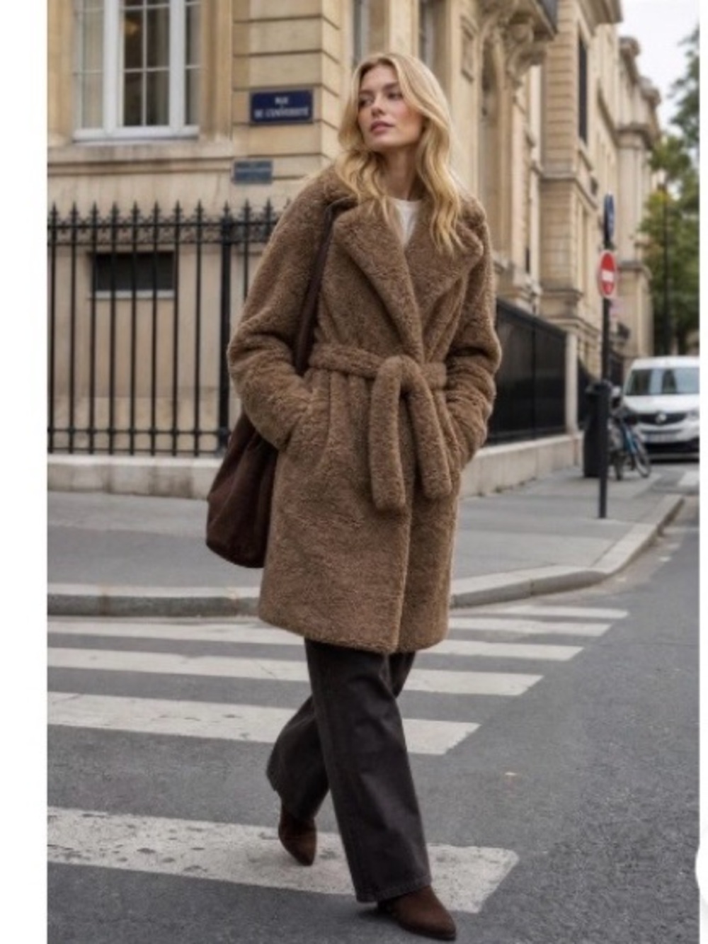 Something Navy Faux Fur Teddy Belted Coat in Brown